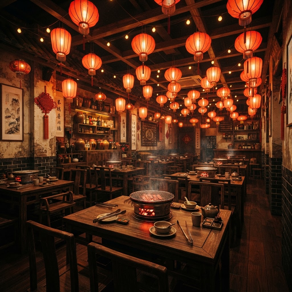 Warm and vibrant Beijing BBQ House restaurant interior with red lanterns and charcoal grills