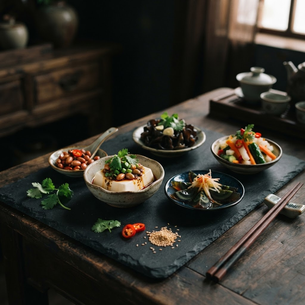 Chinese cold appetizer spread with tofu and pickled vegetables
