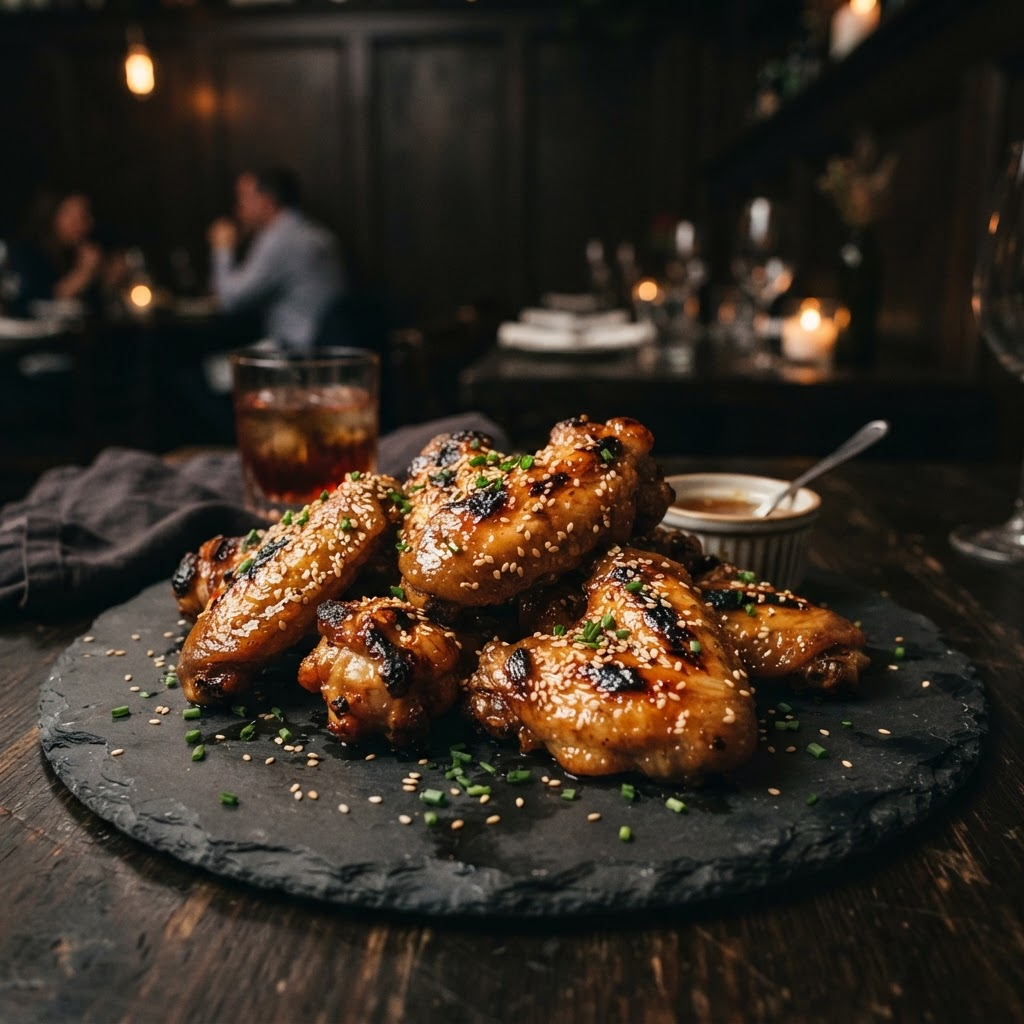 Golden glazed grilled chicken wings on a dark plate