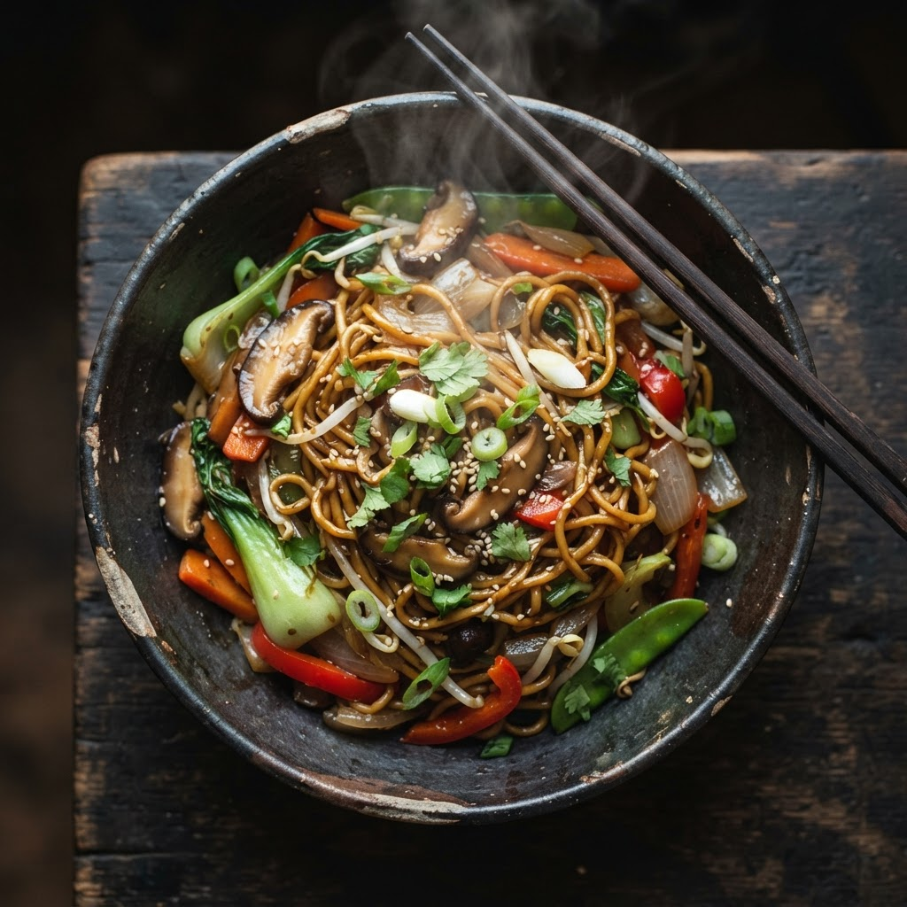 Chinese fried noodles in a ceramic bowl with chopsticks