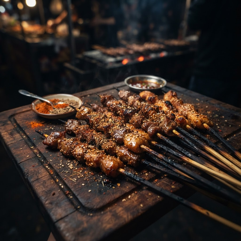 Assorted Chinese BBQ meat skewers on a board
